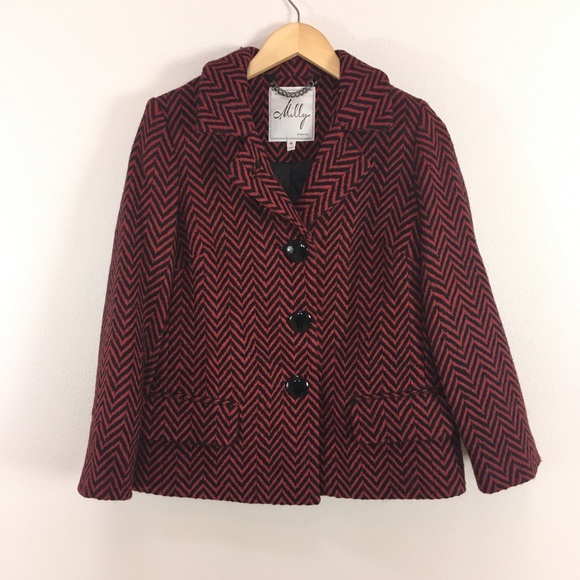 Milly Chevron‎ Red Black Button Up Coat Jacket Women’s Sz 4 - Picture 1 of 2